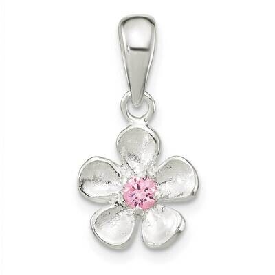 Brushed &amp; Polished Pink CZ Diamond Flower Pendant Sterling Silver QC11027, MPN: QC11027,