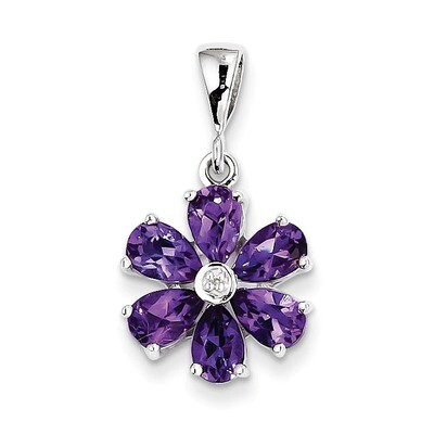 Amethyst &amp; Diamond Flower Pendant Sterling Silver Rhodium QDX375, MPN: QDX375, 883957432946