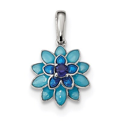 Created Sapphire and Enamel Flower Pendant Sterling Silver QC9318, MPN: QC9318, 883957754710