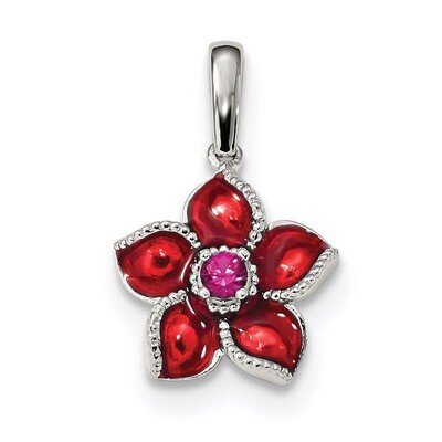 Created Ruby and Enamel Flower Pendant Sterling Silver QC9315, MPN: QC9315, 883957351223