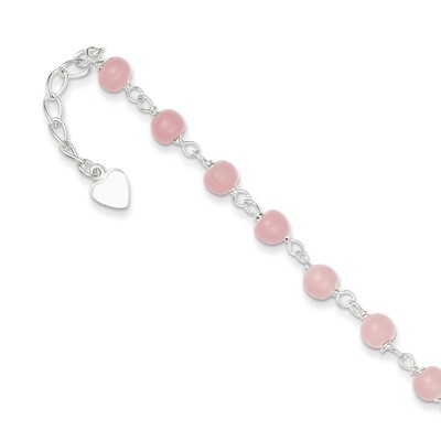 9 Inch Pink Glass Bead with Heart Anklet Sterling Silver QG1428-9, MPN: QG1428-9, 883957947198
