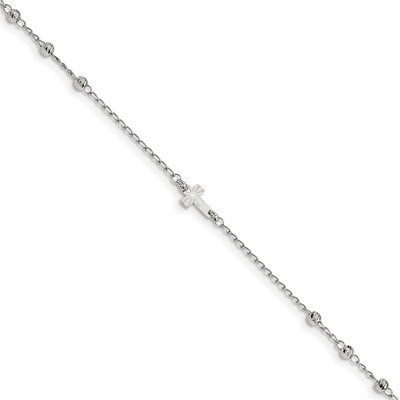Diamond-cut Beads with 1 inch Extender Cross Anklet Sterling Silver Rhodium-plated QG4212-9, MPN: Q…