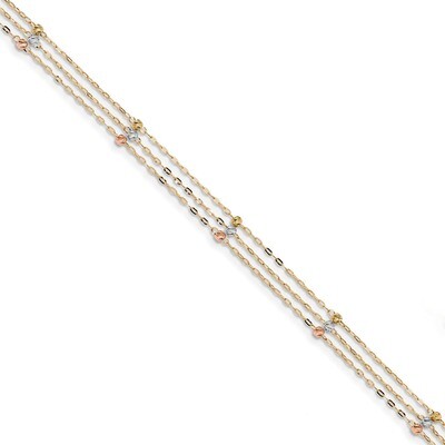 3-Strand Diamond -cut Beaded Anklet 14k Tri-Color Gold ANK290-10, MPN: ANK290-10, 191101413308