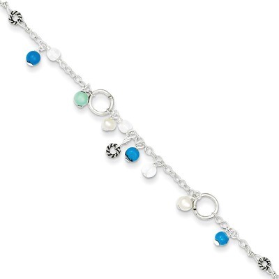 9 Inch Turquoise Clear Bead Cultured Pearl Anklet Sterling Silver QG1392-9, MPN: QG1392-9, 88677408…