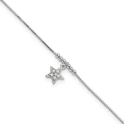 Star and Beads 9 Inch Plus 1 Inch Extender Anklet Sterling Silver Cz Diamond QG5754-9, MPN: QG5754-…
