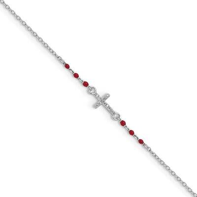 CZ Diamond Red Enamel Bead Cross Anklet Sterling Silver Rhodium-Plated Polished QG5755-10, MPN: QG5…