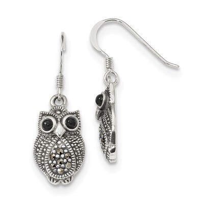 Marcasite &amp; Black Agate Owl Shepherd Hook Earrings Sterling Silver QE11125, MPN: QE11125, 883957325…