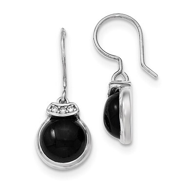 Black Agate &amp; CZ Dangle Earrings Sterling Silver QE12347