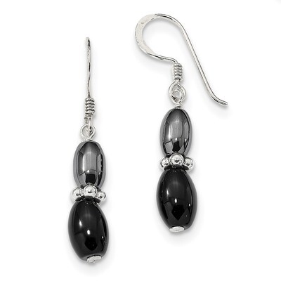 Black Agate &amp; Hematite Shepherd Hook Earrings Sterling Silver QE13103, MPN: QE13103, 883957939865