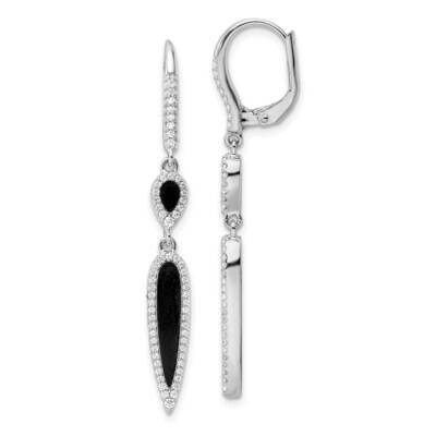 CZ Diamond &amp; Black Agate Hinged Dangle Earrings Sterling Silver Rhodium-Plated QE15752, MPN: QE1575…