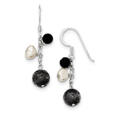 Cultured Pearl Black Agate Lava Rock Dangle Earrings Sterling Silver QE9714, MPN: QE9714, 883957460…