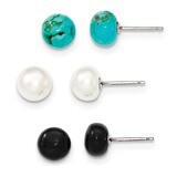 8-8.5mm Button Freshwater Cultured Pearl/Stab.Turq/Black Agate Set Earrings Sterling Silver QE12883…