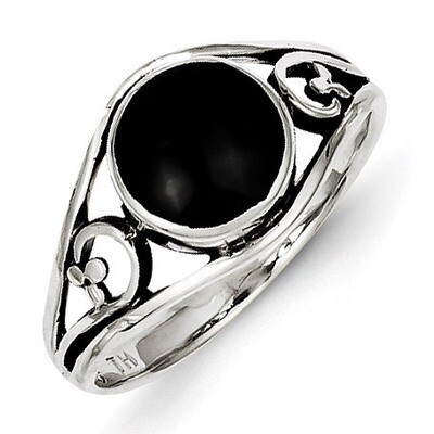 Black Agate Ring Antiqued Sterling Silver QR1067, MPN: QR1067, 883957984155