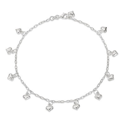 10 Inch Puffed Heart Anklet Sterling Silver Polished QG2792-10, MPN: QG2792-10, 886774750743