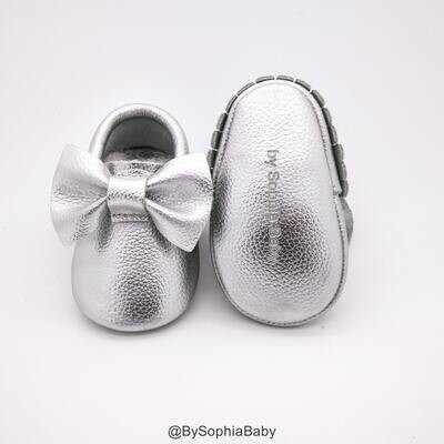 Baby Moccasins Baby Silver Bow Moccasins Baby Leather Shoes Genuine Leather Moccs Toddler Moccasins…