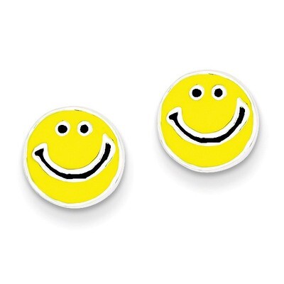 Happy Face Post Earrings Sterling Silver Enameled QE6865, MPN: QE6865, 883957569581