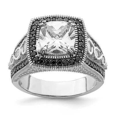Black and White CZ Diamond Halo Engagement Ring Sterling Silver Rhodium Plated QR6937, MPN: QR6937,…