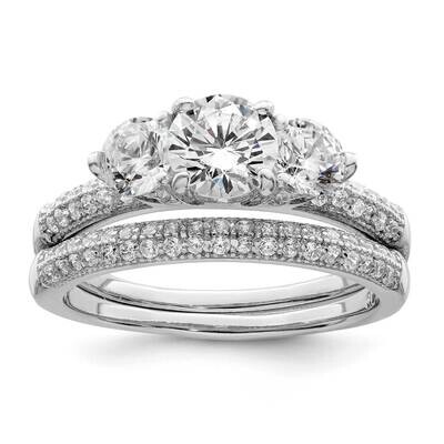 CZ 3 Stone Pave Band Engagement Ring Set Sterling Silver Rhodium-Plated QR7302, MPN: QR7302,