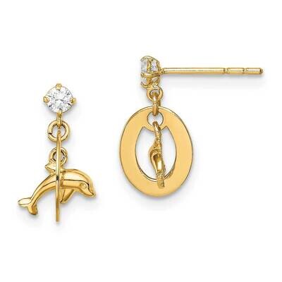 Oval with Dolphin Dangle Post Earrings 14k Gold CZ Diamond SE2891 by Madi K, MPN: SE2891, 191101901…