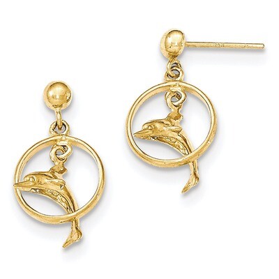 3-D Dolphin Jumping Through Hoop Dangle Earrings 14k Gold Polished H1132, MPN: H1132, 637218053018