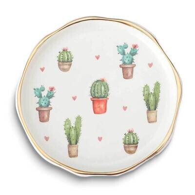 White with Gold-tone Cactus Round Ceramic Trinket Dish GM25228, MPN: GM25228, 788089166434