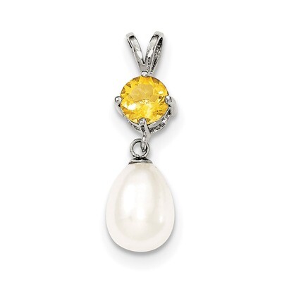 Citrine &amp; 8-9mm Freshwater Cultured Pearl Teardrop Pendant Sterling Silver QP4642, MPN: QP4642, 741…