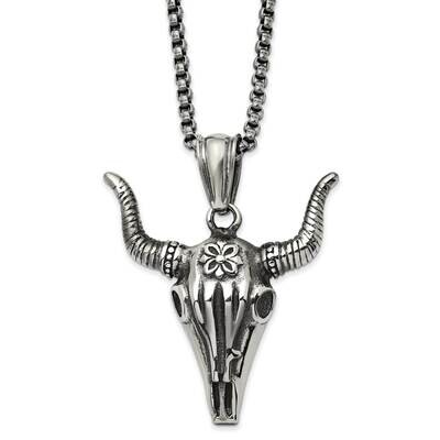 Antiqued and Polished Bull Skull 24 Inch Necklace Stainless Steel SRN2899-24 by Chisel, MPN: SRN289…