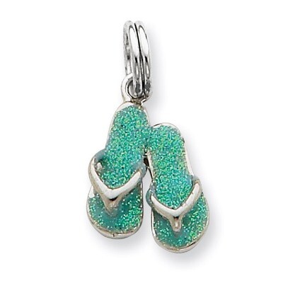 Green Enamel Flip Flops Charm Sterling Silver QC6316, MPN: QC6316, 886774759715