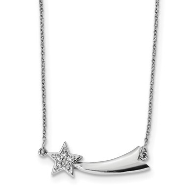 CZ Diamond Shooting Star with 2 inch Extender Necklace 16 Inch Sterling Silver Rhodium-plated QG443…