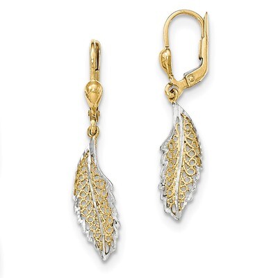 Polished and Textured Leaf Leverback Earrings 14k Gold &amp; Rhodium TH915, MPN: TH915, 868044116046