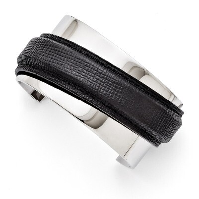 Polished with Leather Cuff Bangle - Stainless Steel SRB1299 by Chisel, MPN: SRB1299, 886774263229