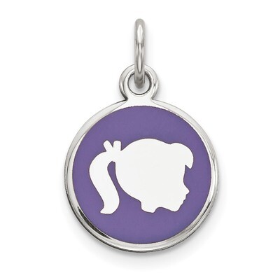 Purple Enamel Right Facing Girl Head Disc Charm Sterling Silver Rhodium QM528, MPN: QM528, 88395760…