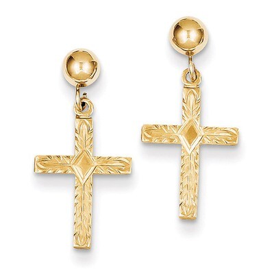 Cross Earrings 14k Gold Polished &amp; Textured REL177, MPN: REL177, 886774285122