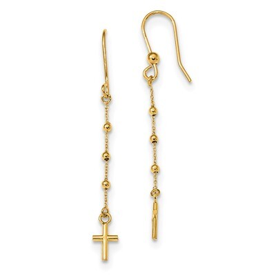 Cross Dangle Shepherd Hook Earrings 14k Gold Polished TL1103, MPN: TL1103, 191101146527