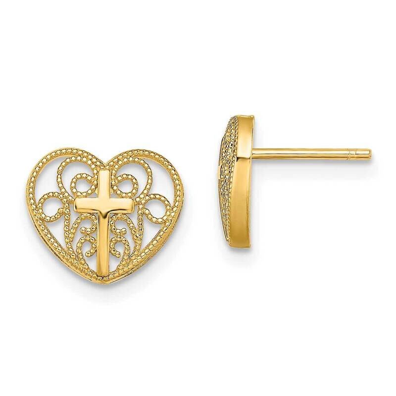 Heart with Cross Post Earrings 14k Gold TE711, MPN: TE711, 63721808645