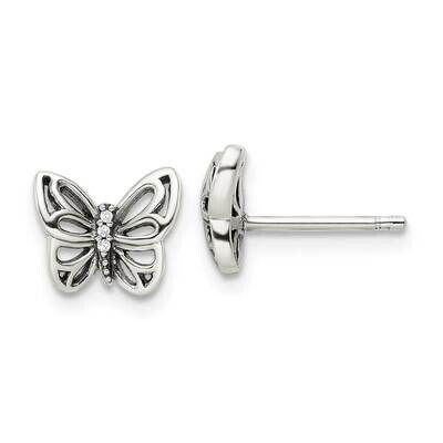 CZ Diamond Butterfly Post Earrings Sterling Silver Antiqued QE16560, MPN: QE16560, 196904167069