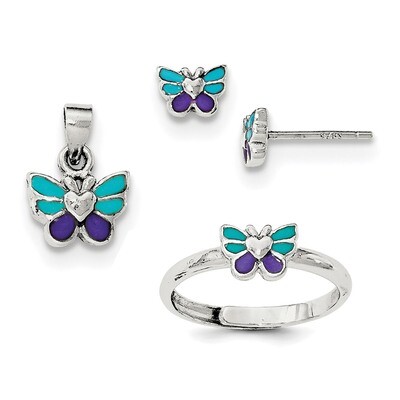 Butterfly Children&#39;s Earring Ring &amp; Pendant Set Sterling Silver Rhodium QH5201SET, MPN: QH5201SET, …