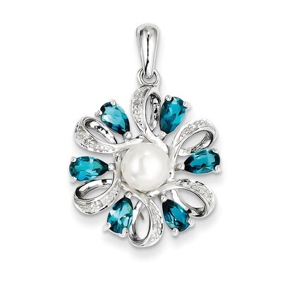 London Blue Topaz Flower Pendant Sterling Silver Rhodium-plated Diamond QP3176, MPN: QP3176, 883957…