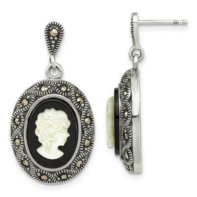 Black Agate Marcasite &amp; Mop Cameo Post Dangle Earr Sterling Silver Antiqued QE16388, MPN: QE16388, …