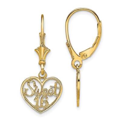 Sweet 16 In Heart Dangle Leverback Earrings 14k Gold Polished TF1805, MPN: TF1805, 637218177165