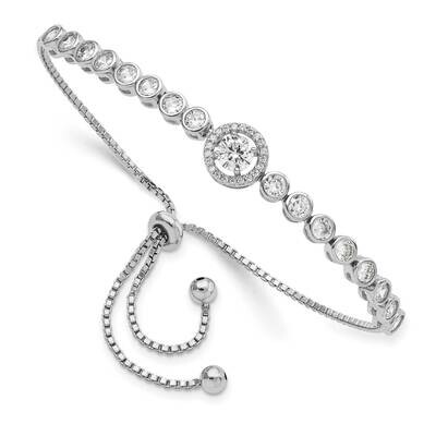 Bezel Set CZ Diamond &amp; Halo CZ Diamond Adjustable Bracelet Sterling Silver Rhodium-Plated QG5945, M…