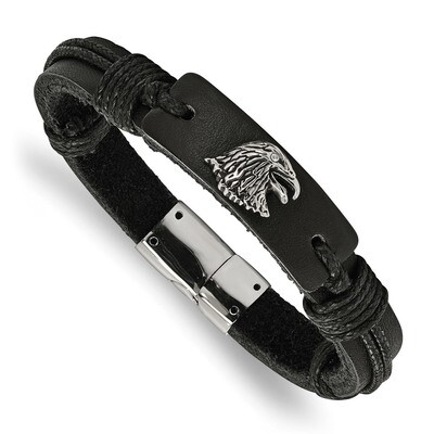Eagle Head Black Leather Bracelet Stainless Steel Polished Antiqued SRB1658-8.5 by Chisel, MPN: SRB…