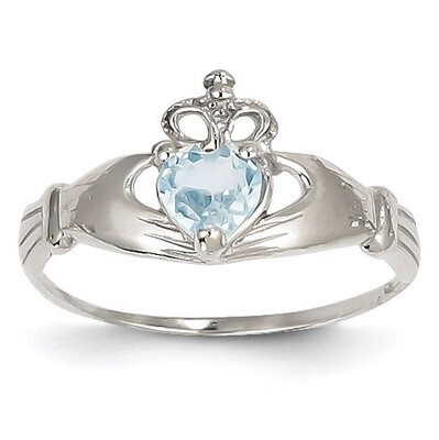 Synthetic Diamond March Birthstone Claddagh Heart Ring 14k White Gold D1782, MPN: D1782, 8839578987…
