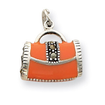 Orange Enameled Marasite Purse Charm Sterling Silver QC4225