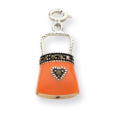 Orange Enameled Marcasite Purse Charm Sterling Silver QC4224