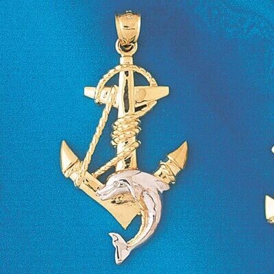 Dazzlers Jewelry Ship Anchor and Dolphin Two Tone White Pendant Necklace Charm Bracelet in Yellow, …