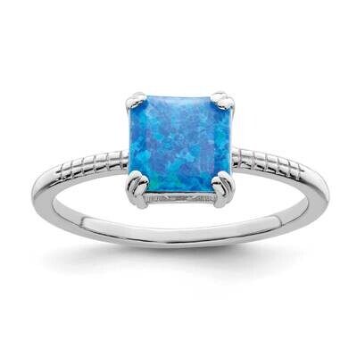 Square Blue Created Opal Ring Sterling Silver Rhodium-Plated Polished QR7325, MPN: QR7325,