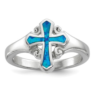 Blue Inlay Created Opal Cross Ring Sterling Silver Rhodium-plated QR6572, MPN: QR6572, 191101343681