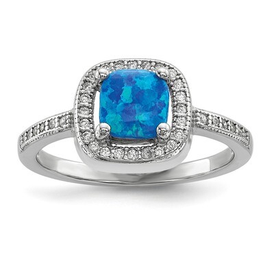 Square Blue Created Opal CZ Diamond Ring Sterling Silver Rhodium-plated QR6574, MPN: QR6574, 191101…
