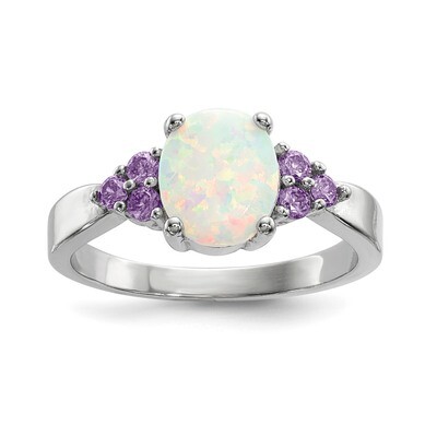 Oval Created Opal with Purple CZ Diamond Ring Sterling Silver Rhodium-plated QR6768, MPN: QR6768, 1…